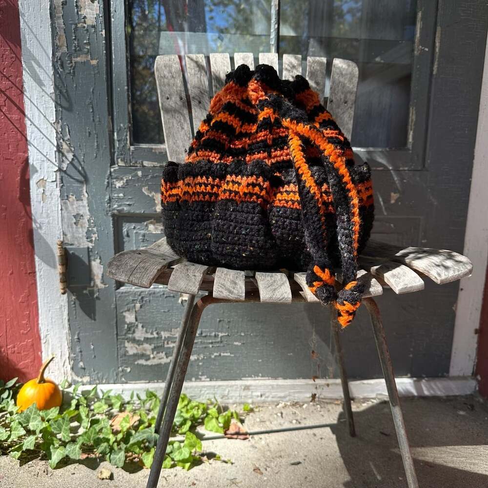 Vintage Handmade Crochet Black And Orange Striped Spooky Drawstring Bag